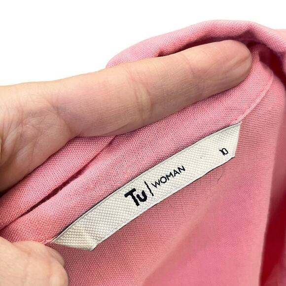 Tu Woman Linen Blend Shirt Size 10 Pink Roll Tab Sleeve Button Down Casual Woven - Picture 5 of 9